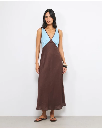 AERE - Eila Contrast Linen Slip Midi Dress