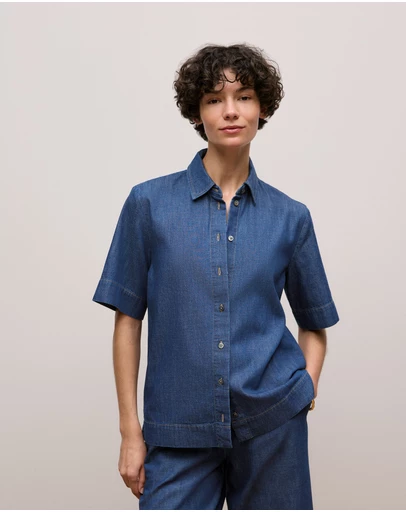 Trenery - Soft Denim Short Sleeve Shirt in Mid Blue
