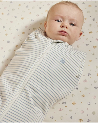 Grow Kindly - Swaddle Sleeping Bag in Dusk Blue Stripe - 0.5 TOG