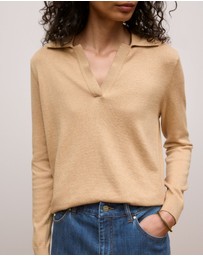 Trenery - Cotton Cashmere Long Sleeve Polo in Camel