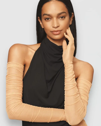 High Heel Jungle - Ariana Ruched Mesh Opera Glove - Tan