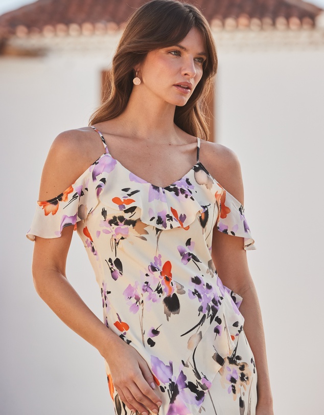 Sosandar - Cold Shoulder Ruffle Maxi Dress