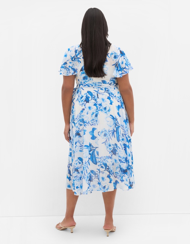City Chic - Plus size Short Sleeve Bluebell Print Wrap Midi Dress - bluebell
