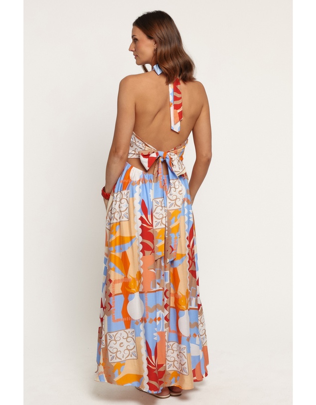 Petal & Pup - Juliana Halterneck Midi Dress - Blue Red Geo Tropic