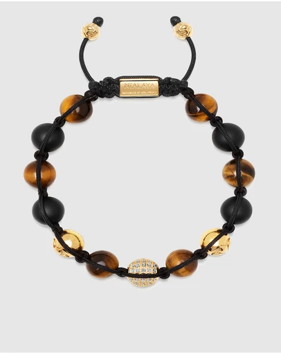 Nialaya Jewellery - Men's Beaded Bracelet with Gold, CZ Diamond, Matte Onyx, and Brown Tiger Eye