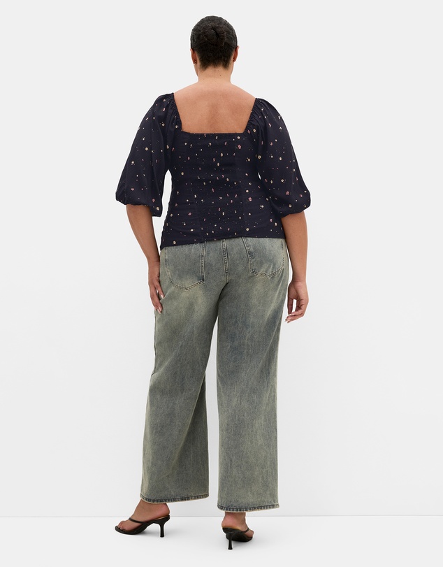 City Chic - Plus size Daydreamer Elbow Sleeve Ditsy Print Top - navy