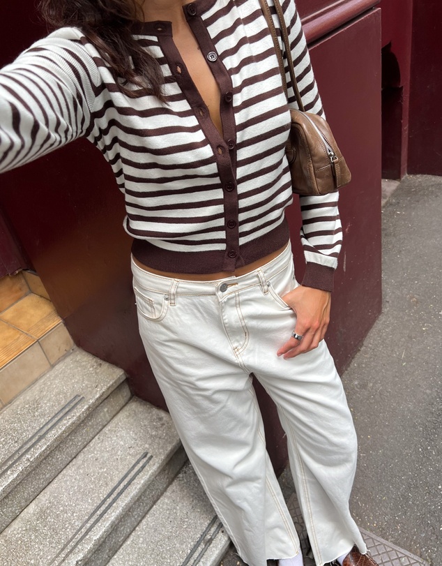 Beginning Boutique - Lottie Chocolate Stripe Round Neck Cardigan