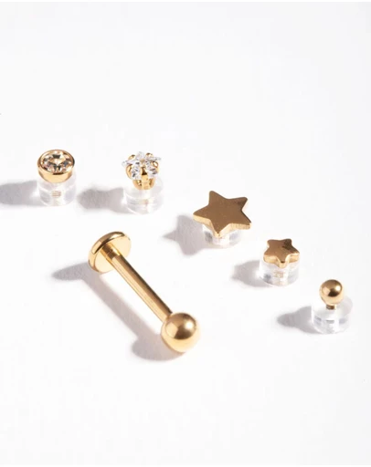 Lovisa - Gold Plated Surgical Steel Flat Back Single Bar with Interchangeable Star Ends 6-Pack