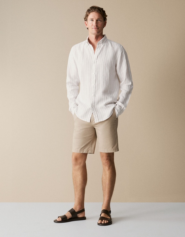 Trenery - Regular Fit Linen Stripe Shirt in Flax