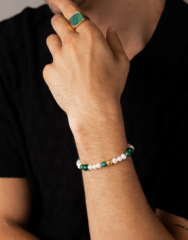 Nialaya Jewellery - Pearl Wristband with Green Aventurine and Malachite