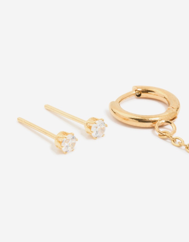 Lovisa - Waterproof Gold Plated Stainless Steel Diamante Stud & Chain Earrings 3-Pack