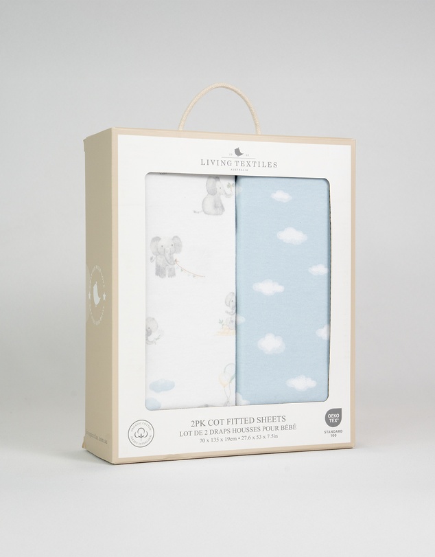 Living Textiles - 2 Pack Organic Cot Fitted Sheet - Elephant Playtime