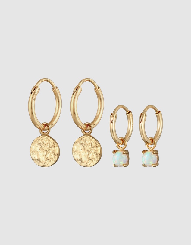 Elli Jewelry - Earrings Creoles Platelets Set of 2 with Opal in 925 sterling silver gold plated
