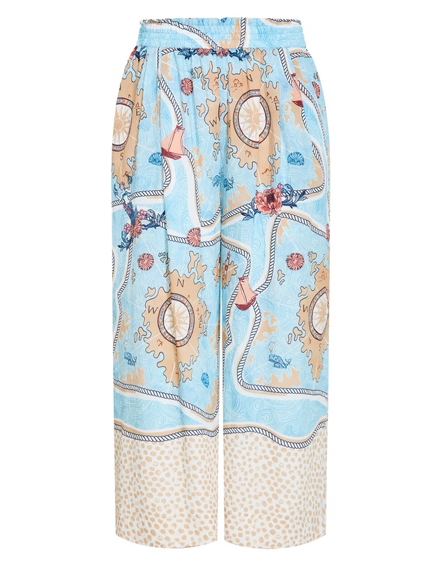 City Chic - Plus size Postcard Voyage Print Wide Leg Pant - sky blue