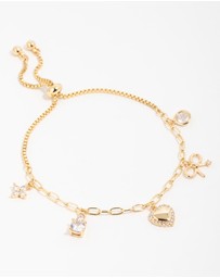 Lovisa - Gold Plated Brass Cubic Zirconia Heart & Bow Charm Toggle Bracelet