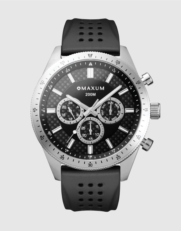 Maxum - Lansdowne Multifunction Chrono Silver Tone Case, Black Dial & Black Silicone Band