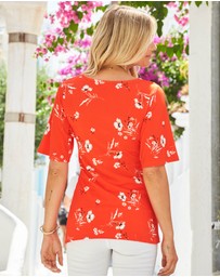 Sosandar - Floral Print Angel Sleeve Twist Front Top