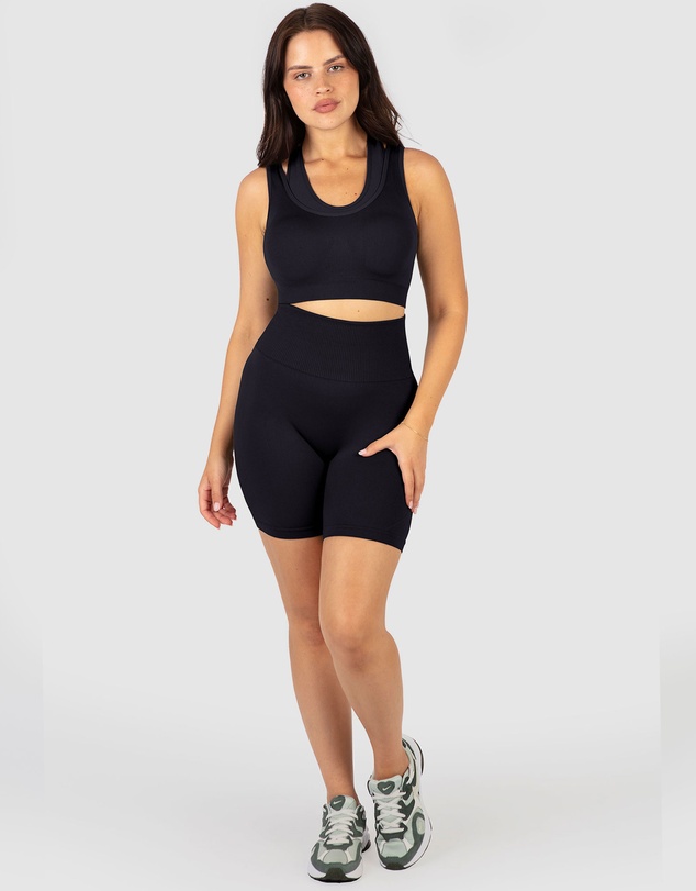 B Free Intimate Apparel - Double Racer Padded Sports Bra & High Waist Midi Biker Shorts Set