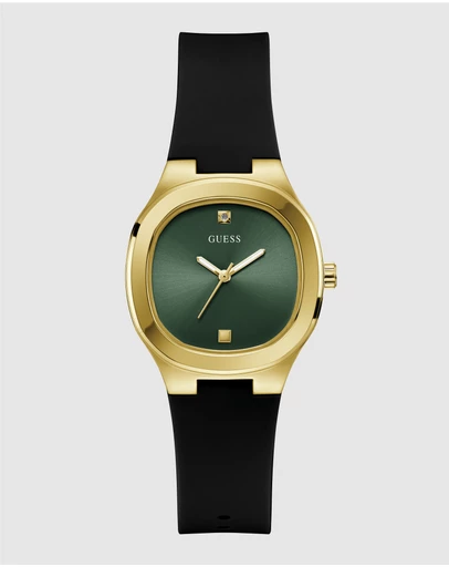 GUESS - Eve Gold-tone 32mm Green Dial Ladies Watch with Black Silicone Strap