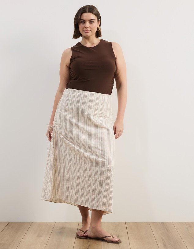 Atmos&Here Curvy - Sally Striped Cotton Ruched Side Tie Midi Skirt