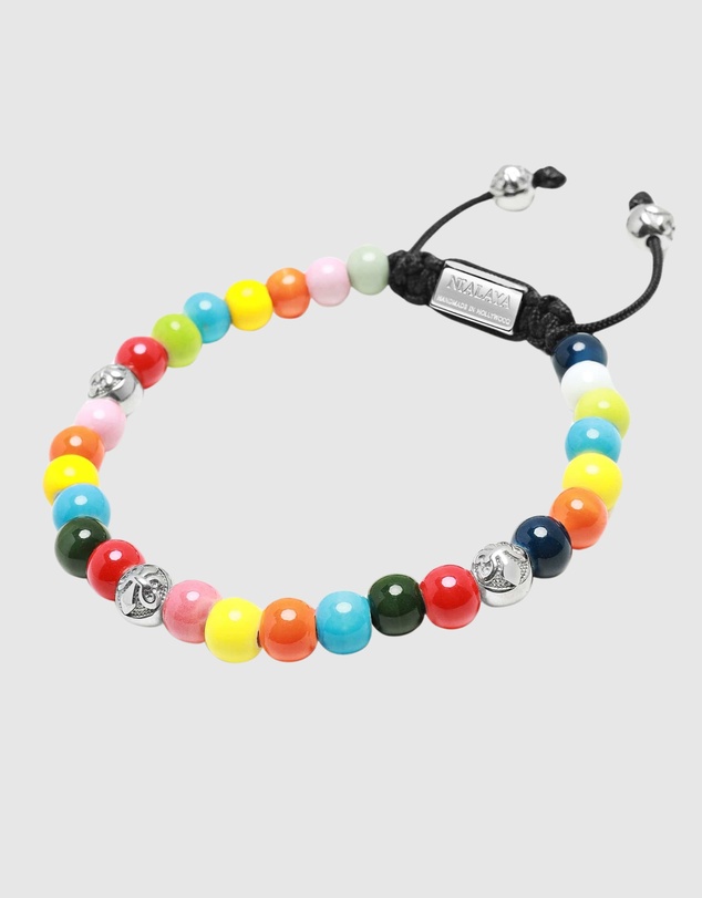 Nialaya Jewellery - Men's Beaded Bracelet with Multicolored Glass and Silver