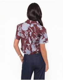 Petal & Pup - Aine Cropped Short Sleeve Shirt - Burgundy Floral