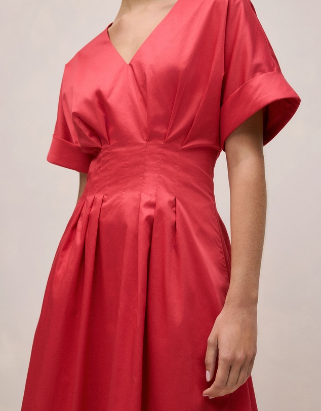 Trenery - Cotton Sateen Pleat Waist Dress in Crimson