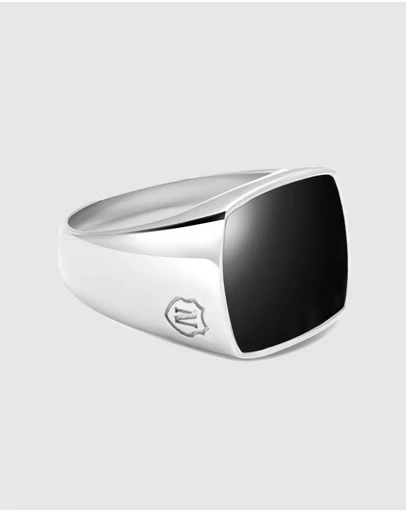 Nialaya Jewellery - Men's Silver Signet Ring with Onyx