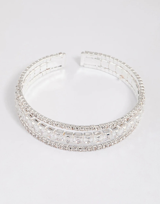 Lovisa - Silver Cubic Zirconia Trio Layer Cuff Bangle