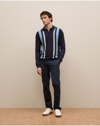 Trenery - Merino Graphic Stripe Long Sleeve Polo in Navy