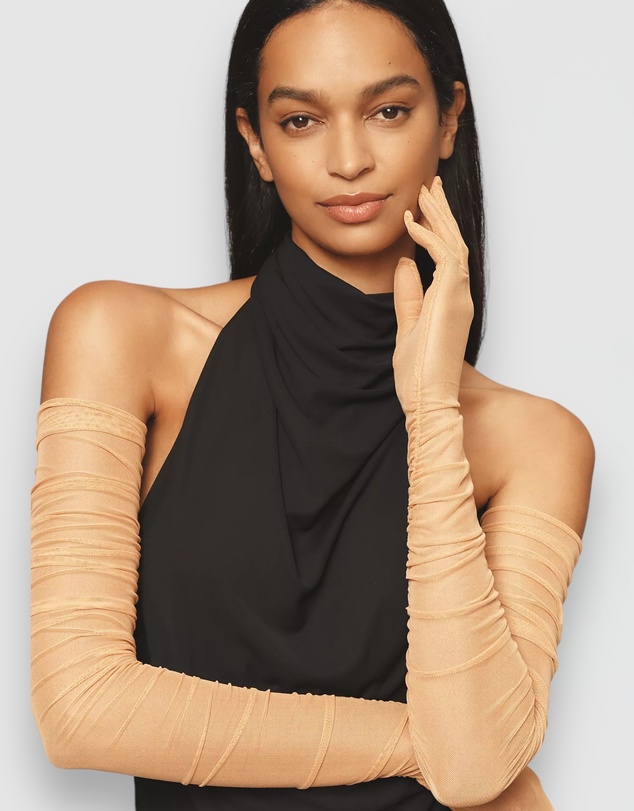 High Heel Jungle - Ariana Ruched Mesh Opera Glove - Tan