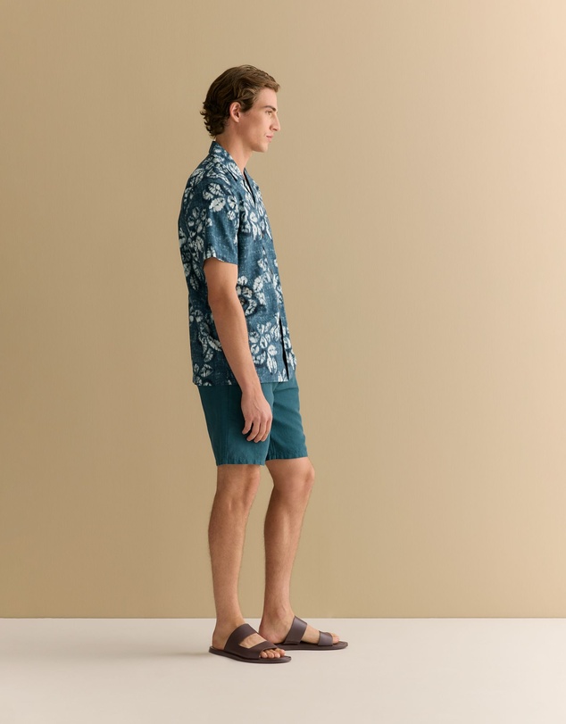Trenery - Cotton Blend Washed Floral Short Sleeve Shirt in Deep Sea Green