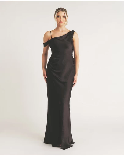 Six Stories - Asymmetrical Bardot Strap Satin Bridesmaid Dress