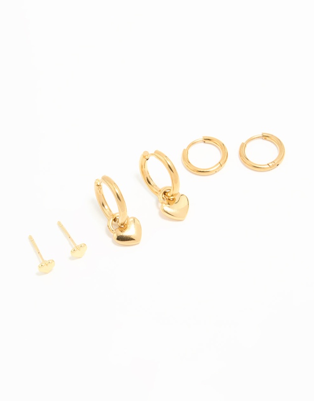 Lovisa - Waterproof Gold Plated Stainless Steel Heart Huggies & Classic Stud Earrings 3-Pack