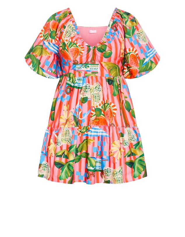 City Chic - Plus Size Fantasy Holiday Print Puff Sleeve Mini Dress - pink