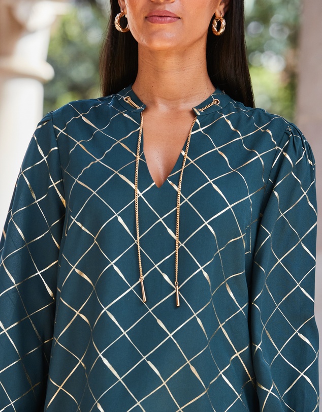 Sosandar - Check Print Chain Lace Up Blouse