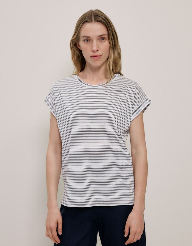 Trenery - Australian Cotton Stripe Cuff Detail T-shirt in Night Sky