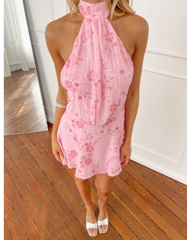 Beginning Boutique - Bryan Pink Beaded Halter Neck Mini Dress