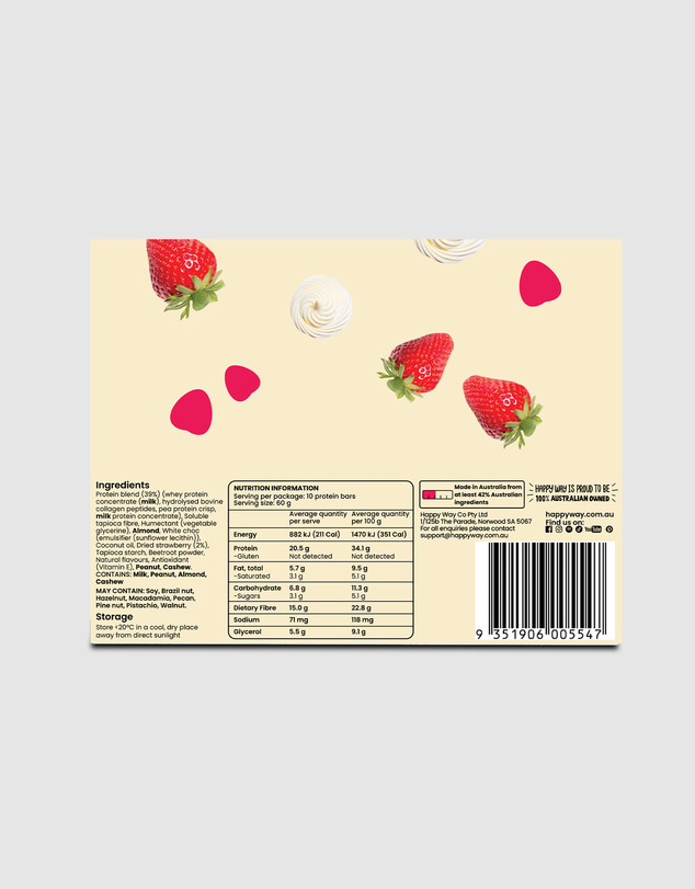 Happy Way - Whey Protein Bar Strawberry Cream Box – 10 x 60g Bars