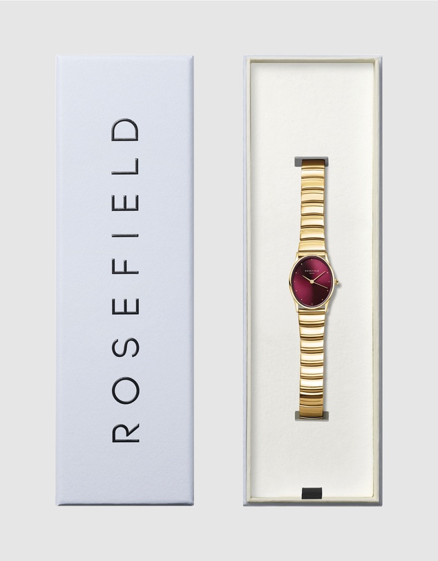 Rosefield - The Oval Burgundy Gold-Tone Half Moon Bracelet Watch