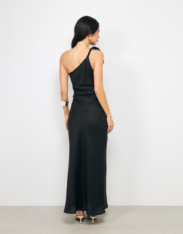 AERE - Eloe Linen Flower One Shoulder Midi Dress