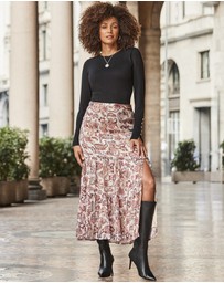 Sosandar - Paisley Print Metallic Stripe Tiered Maxi Skirt