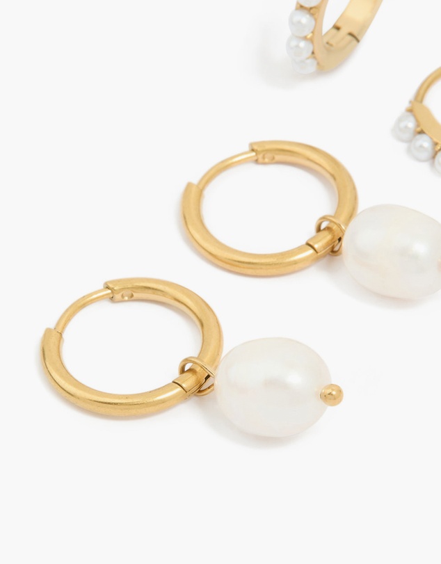 Lovisa - Waterproof Gold Plated Stainless Steel Pearl Detail Huggie Earrings 2-Pack