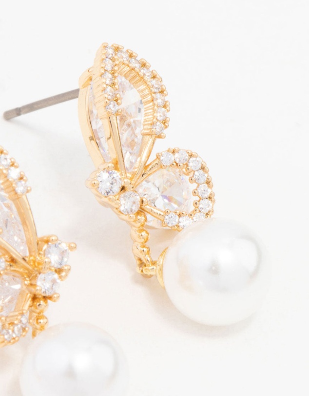 Lovisa - Gold Plated Cubic Zirconia Butterfly Pearl Drop Earrings