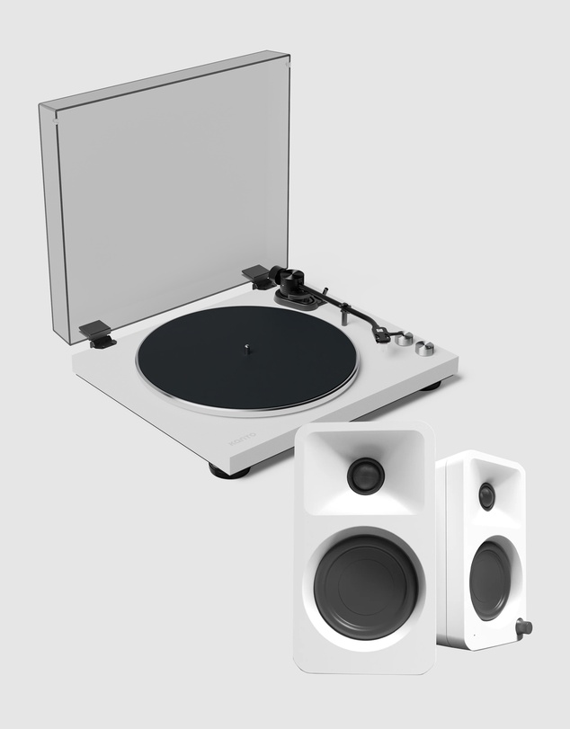 iWorld - Kanto OBI3 Turntable - Matte White with Kanto ORA 100W Powered Speakers - White Bundle