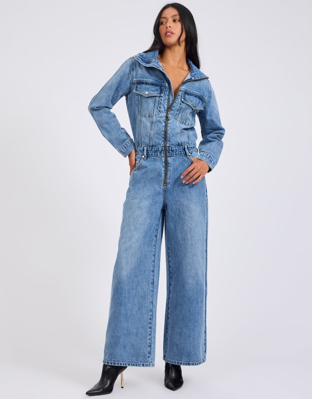 ONE TEASPOON - Charli Wide Leg Aviator Denim Jumpsuit - Pretty Blue