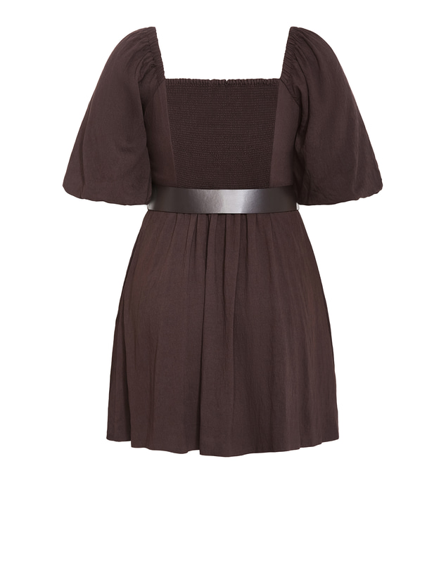 City Chic - Plus size Collins Puff Sleeve Belted Mini Dress - chocolate