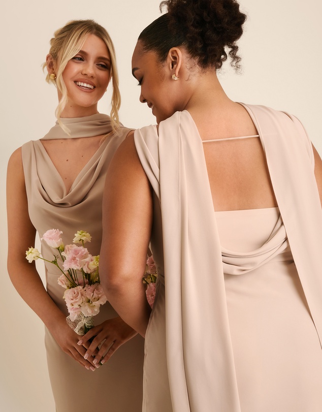 Six Stories - Plunge Cowl Front Chiffon Bridesmaid Dress with Neck Scarf