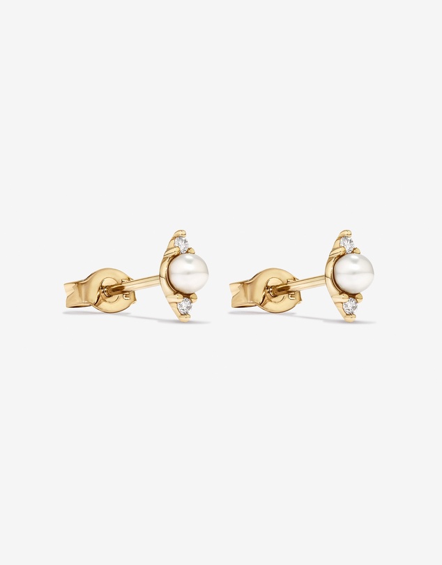 Michael Hill - Three Stone Cultured Freshwater Pearl and Diamond Stud Earrings in 10kt Yellow Gold