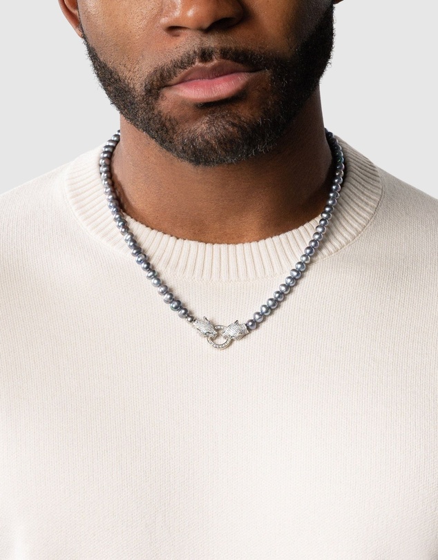 Nialaya Jewellery - Black Pearl Choker with Double Panther Head in Silver